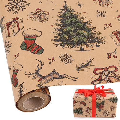 LOMIMOS Rouleau de Papier Cadeau de Noël,Papier Cadeau avec Élan Sapin Flocon de Neige Papier Kraft Recyclable pour Cadeaux Anniversaires Décoration de Noël (43cm x 10m)