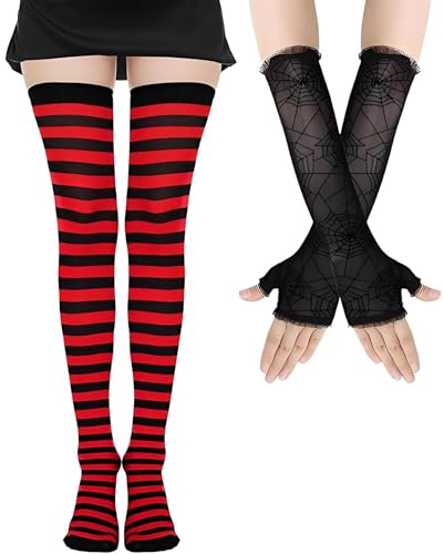 Calze da Donna Sopra il Ginocchio, Guanti Neri Lunghi in Pizzo, Calzettoni di Coscia, Calzini da Ginocchio a Righe, Calze Halloween Donna Guanti in Pizzo Nero per Halloween, Carnevale, Cosplay