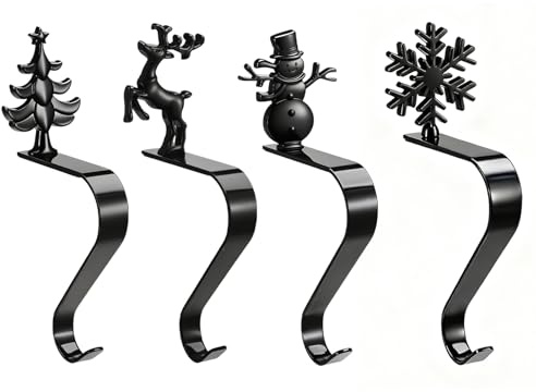 GSrenyu 4 Stück Weihnachtsstrumpfhalter, 4 Stile, Kaminstrumpf-Kleiderbügel, kein Stanzen, Metallgriff zum Aufhängen, für Tisch, Kamin, Weihnachtsfeier, Dekoration (schwarz)