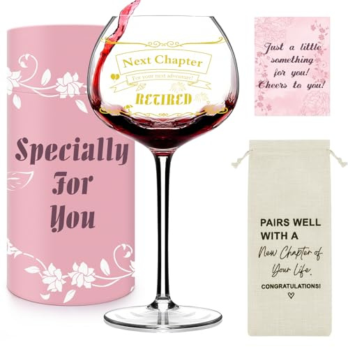 Philorn Gifts for Women 2026, Wine Glass for Women, Next Chapter 16OZ Crystal Wine Glass, Pink Gift Box & Card, Goodbye Gift for Coworkers, Friends (Retirement, Glass)