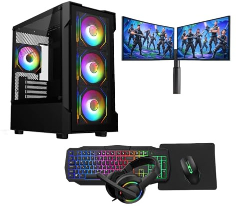 Gaming PC Set – Intel Core i7, GT710 2GB Graphics, 16GB RAM, 128GB SSD + 1TB HDD, Windows 11 Pro, Dual 22 Monitors, Keyboard, Mouse, Headset – Gaming PC Bundle (Neo Black)