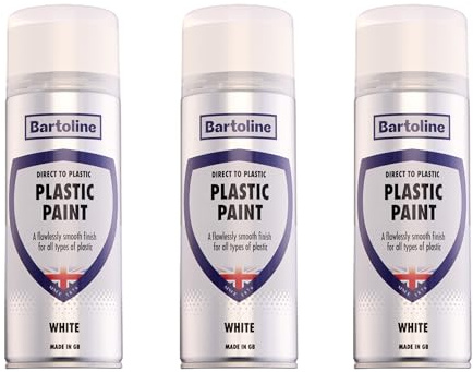 Bartoline Direct to Plastic Paint White 400ml Gloss Finish 3 Pack All-in-One Primer, Undercoat and Topcoat Durable Weather Resistant Plastic Spray For Furniture, Car Bumpers and Household DIY Projects