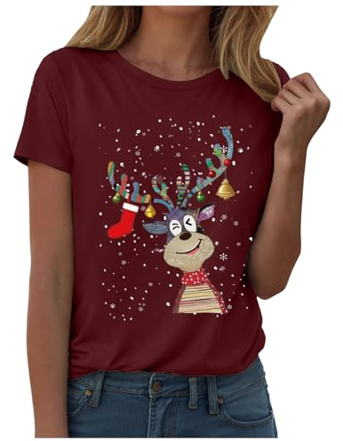 Christmas T Shirt Women's Merry Christmas Round Neck T Shirt Funny Snowflake Print Blouse Short Sleeve Funny Santa Claus Print Cute Blouse Women's Crew Neck Xmas Streetwear Xmas Casual Elegant Shirts
