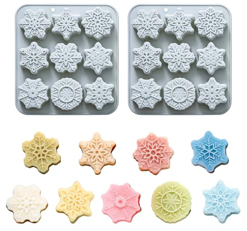 2PCS Snowflake Silicone Moulds, Non Stick Christmas Chocolate Mold with 9 Snowflake Shapes for Muffin Soap Candle Ice Cube Making