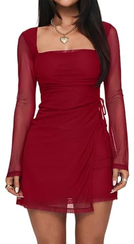 Remxi Women's 2026 Mesh Mini Dress Sexy Square Neck Long Sleeve Dress Wrap Tie Party Club A Line Short Dresses