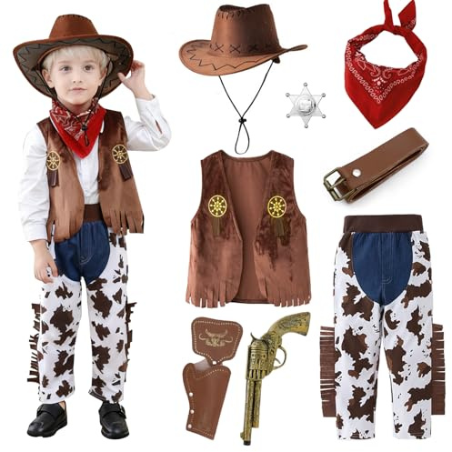 Hengrongshen Deguisement Cowboy Enfant, Costume de Shérif pour Enfant avec Chapeau de Cowboy, Gilet, Foulard et Accessoires de Cowgirl, Costume de Carnaval, Halloween, Cosplay pour Garçon et Fille