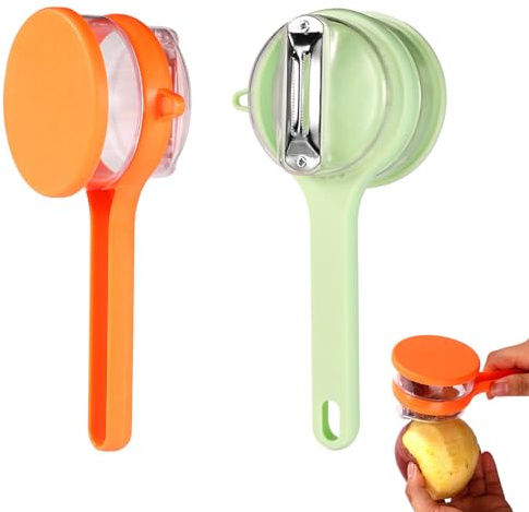 2pz Pelapatate con Contenitore, Utensile Cucina in Plastica Speciale per Pelare Frutta Verdura con Lama Acciaio Inossidabile Pelapatate per Forniture Frutta Cucina La Casa (Verde, Arancione)