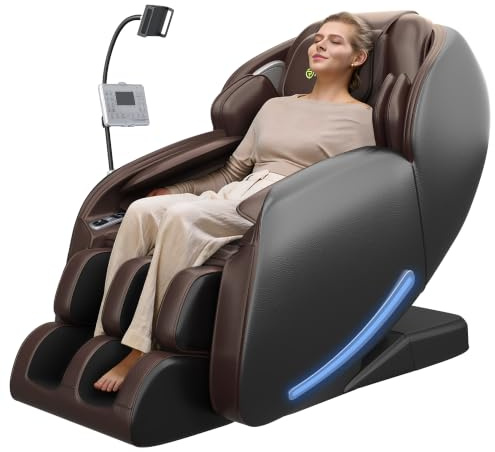 Real Relax 2026 Massagesessel Ganzkörper, Zero Gravity SL-Track Shiatsu-Massage-Liegesessel mit Telefon-Controller und Halterung, Kindersicherung, Pause-Taste und LED-Beleuchtung, Favor-06,Dunkelbraun