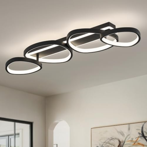 Qamra Moderne 4-Ringe Deckenlampe,Schwarz LED Deckenleuchte,82 cm,4000 K | 60 W Deckenleuchte, Hauptsächlich aus Aluminium, Eisen, Silikon Gefertigt,Geeignet für Schlafzimmer,Wohnzimmer,Flur,Küchen