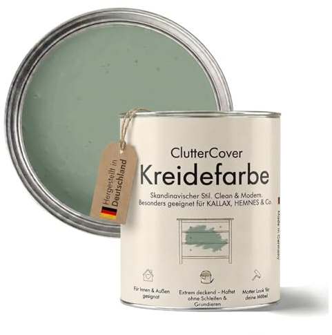 Clutter Cover Möbelfarbe ohne Schleifen 750ml - Kreidelack geeignet zum Streichen beschichteter Möbel, Kreidefarbe für Holz, Melamin, Pressspan, Kunststoff & Fliesen, für ca. 6m² (Salbei)