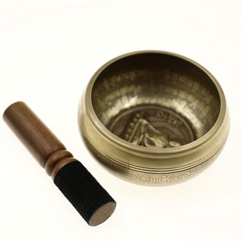 LCUVIMPEX Cuenco Tibetano, Cuenco Tibetano con Sonido de Buda, Dorado, Hecho a Mano, 11,5 cm, bastón Cuero para
