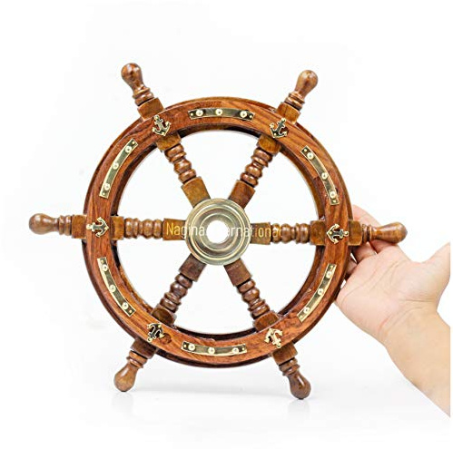 Nagina International Roue de bateau en laiton et bois, fabriquée à la main par des marins de première qualité | Décor cadeau de luxe | Articles de collection de bateaux (12 pouces, ancre et bande)
