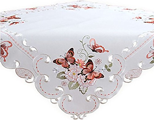 Tischdecke 85x85 cm Quadratisch Sekt Schmetterlinge Rot Bunt Gestickt Sommerdecke Aufleger Kaffeedecke Frühling (85 x 85 cm)
