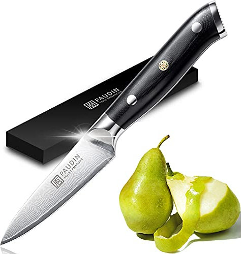 PAUDIN Damast Schälmesser 9 cm - Obst und Gemüsemesser Japanisches VG10 Küchenmesser mit ergonomischem schwarzem G10-Griff