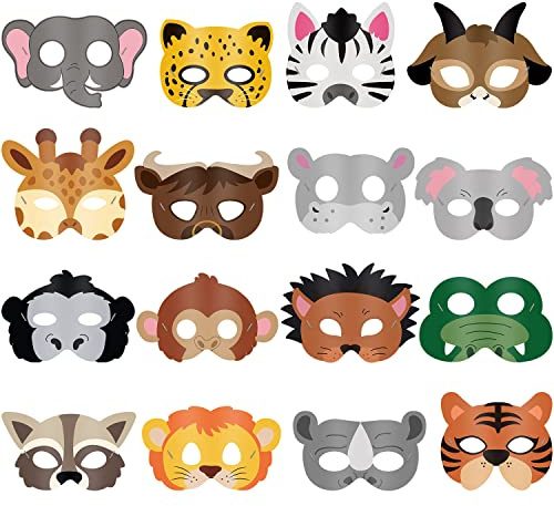 Blulu 16 delar djurmasker djurkostym festgåvor med 16 olika djuransikte för husdjur zoo bondgård djungel safari tema födelsedagsfest halloween masker utklädning festtillbehör