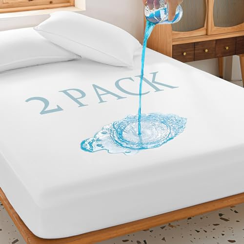 2 Pack Twin Waterproof Mattress Protector Deep Pocket Mattress Cover, Soft Breathable Mattress Pad, Fitted Noiseless Waterproof Bed Cover Stretch to 19