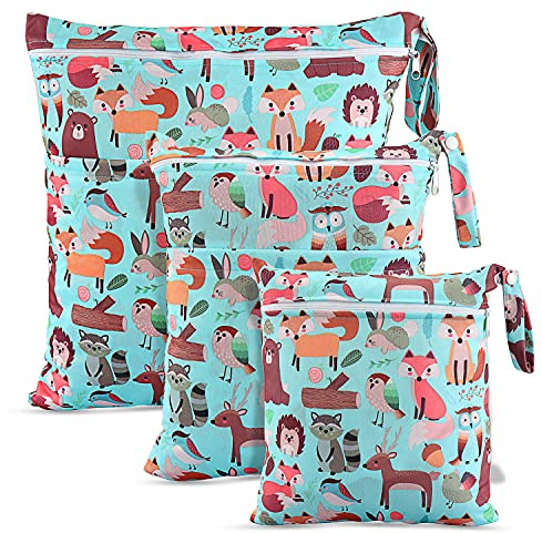 CeeKii Nass und Trocken Wickeltaschen aus Stoff, 3er Pack waschbare Reisetaschen, wasserdichte Nasstasche, Wiederverwendbare Baby Strand Pool Sporttasche für Badeanzüge und nasse Kleidung mit Reißv