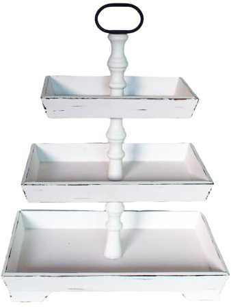 Juleduo Large Rectangle Tiered Tray Stand 3 Tier Serving Tray Rustic Farmhouse Kitchen Decor with Metal Handle and Distressed Tiered Tray Stand Tiered Dessert Stand Cake Stand (White)