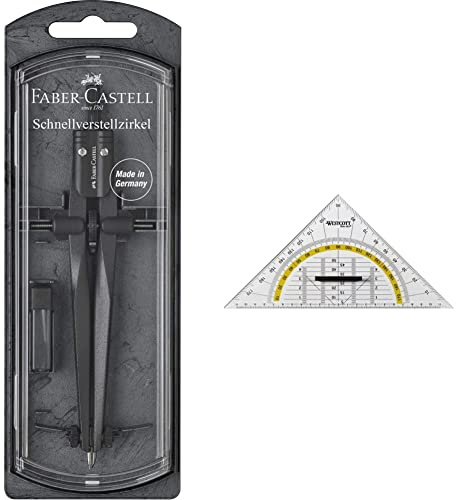 Faber-Castell 174530 - Schnellverstellzirkel Stream, Blackstone, 1 Stück & Westcott E-10134 00 Geodreieck Kunststoff mit abnehmbarem Griff, 22 cm, transparent