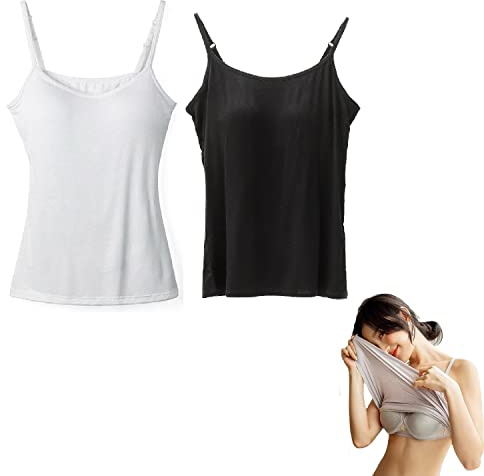 Women Cotton Camisole Tank With Built-in Bra - Adjustable Spaghetti Strap Jersey 2 in 1