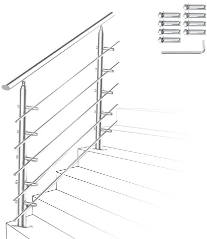 Ikodm Ledstång rostfritt stål ledstång trappräcke 120 cm, med 5 tvärstänger och tillbehör, för trapphus inomhus, balkong, entrédörr