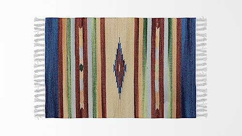 HOME ZEN HOUSEHOLD LINEN Teppich für Badezimmer, Küche, Schlafzimmer, Baumwolle, Art. Kelim, maschinenwaschbar, ethnisches Muster, bunt (80 x 140 cm, Design 1 - Rautenoran)