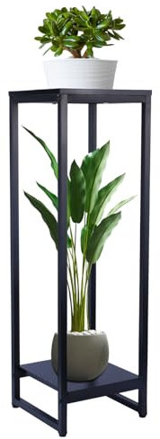 Bison Blumenständer aus Metall – Moderner Pflanzenständer mit 2 Holz-Ablageflächen für den Innenbereich. Stilvoller und robuster Pflanzenhalter für Wohnzimmer, Flur und Schlafzimmer.