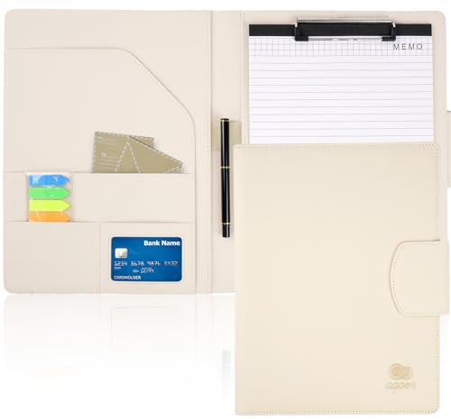 Agoer Porte-Bloc A4 en Cuir avec Fermeture Magnétique, Classeur à Clip Porte Documents, Conferencier Cuir avec Bloc-Notes, Papier et Stylo - Beige