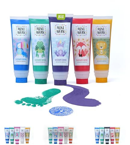 Miniwerk Naturfarbe 5er Set mit Schwammaufsatz - 5 Bio Malfarben aus natürlichen Rohstoffen, schadstofffrei wie Fingerfarbe - Baby Handabdruck Set, Fußabdruck Baby (Blau, Grün, Lila, Rot, Gelb)