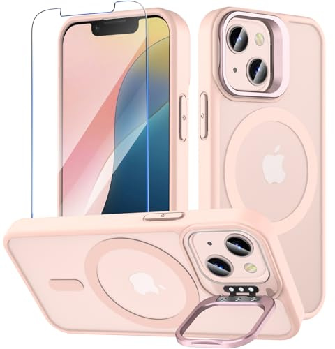OWKEY - Custodia magnetica per iPhone 13 Mini/iPhone 12 Mini con supporto, custodia trasparente opaca con protezione in vetro temperato, compatibile con MagSafe, custodia militare antiurto, rosa