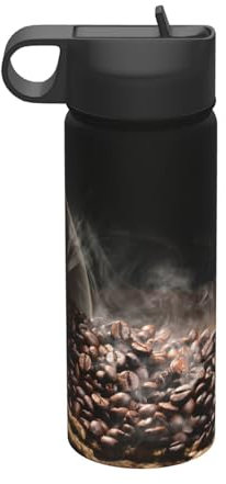YFSGDLBN Kaffeebohnen bedruckter Isolierkanne mit Strohhalm, 530 ml, Sport-Trinkflasche