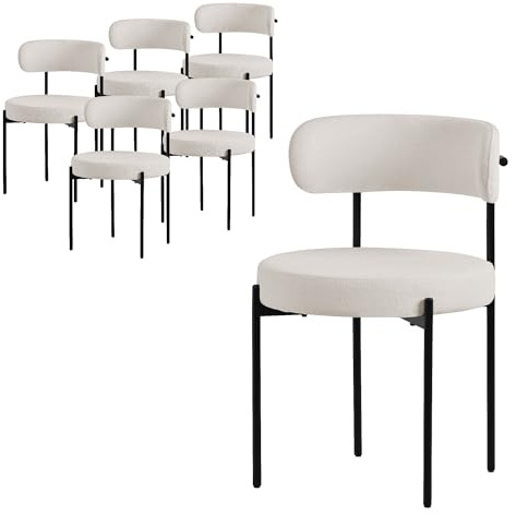 ML-Design matsalsstolar set om 6, köksstolar i teddytyg, vita, stolar med ryggstöd för vardagsrum, stoppade stolar med svarta metallben, ergonomiska loungefåtöljer, stolar för matsal eller vardagsrum.