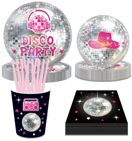 69Pcs Disco Party Tableware 70s Disco & Cowgirl Tableware Supplies Includes Plates,Napkins,Cups,Straws for Cocktail Wedding Decorations - Serves 8