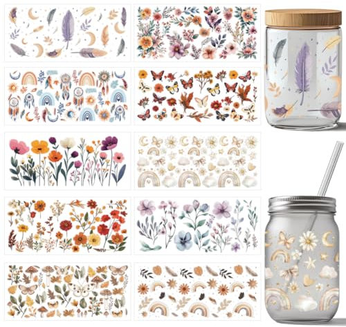 arricraft 10 Blatt UV DTF Becherfolien Für 16 OZ Glasbecher 10 Stil Boho Regenbogen Blumen Traumfänger Abziehbilder PVC Transferaufkleber Wasserfeste Abziehbilder Für Glasbechermöbel