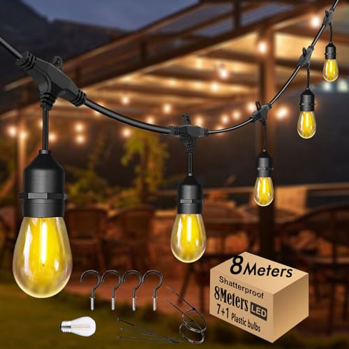 8M E27 Festoon Lights Outdoor Garden String Lights with 7+1 S14 Bulbs 2700K | 2.6 Metre Extension Cable,Connectabl,Shatterproof,IP65 Waterproof Outdoor Lights for Pergola Backyard Party Garden Fence