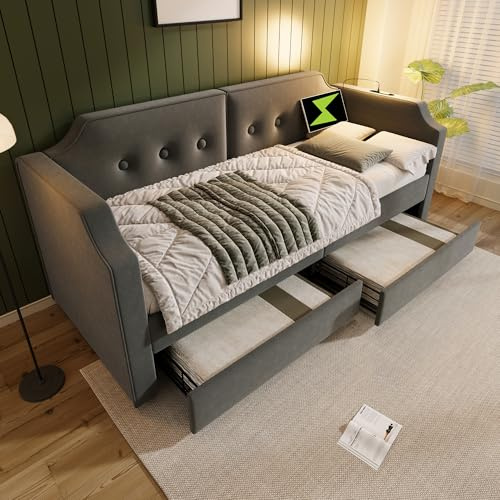 REXO Sofabett Polsterbett 90x200 cm mit USB-Type-C Leselicht, Schlafsofa Tagesbett mit 2 Stauraum Schubladen, Kinderbett Jugendbett Bettgestell mit Lattenrost aus Holz, Samt(Ohne Matratze) (Grau)