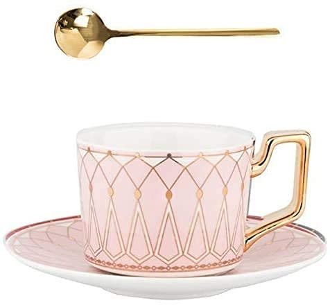 SdaryWare Service à thé en Porcelaine, Nouveau Service à café en Porcelaine Anglaise, Service à thé de l'après-midi Anglais, Tasses à thé Noires de 220 ML avec cuillère, servic(Pink-b)