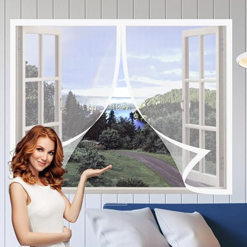 Fliegengitter Fenster Magnetband 112 x 166 cm Insektenschutz Mückennetz Ohne Bohren Auto Schließen Magnetische Adsorption für Insekten Fernzuhalten, Weiß