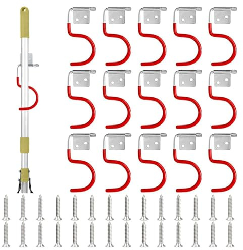 15PCS Gartengerätehalter,Rot Haken Besenhalter Werkzeughalter, Wandhalterung Gartengeräte Anti-Rutsch Gummierung,Gerätehalter Besenhalter für Garage, Geräteschuppen, Keller,mit 30 Stück Schrauben