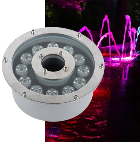 Luz LED subacuática para estanques - Luz LED para Fuente, IP68, Resistente al Agua, con Anillo de Acero Inoxidable, Foco para Fuente, 12 V/24 V, Orificio Central, Sumergible, para Paisaje, para Estan