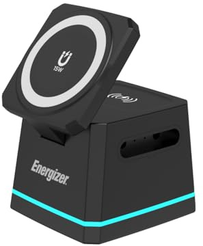 Energizer WCP307 3-1 Chargeur de bureau sans fil 15 W | Charge rapide pour smartphone, écouteurs et Apple Watch, compatible MagSafe, support pliable avec hauteur réglable, USB-C, sûr et universel