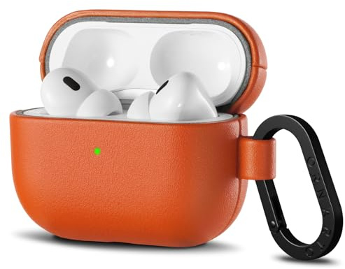 ORNARTO für AirPods Pro 2/1 Hülle Leder mit Karabiner, Lederhülle für AirPods Pro Gen. 2 und 1, LED sichtbar, kompatibel mit Version 2019/2022/2023 - Orange