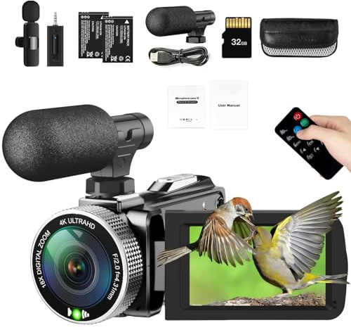 Windancy 4K Video Camera, 48MP 30FPS Camcorder for Youtube, FHD1080P Video Vlogging Recorder /18X Digital Zoom /3.0'' 270°Rotation IPS Screen Camera Camcorder,with Remote / 2 Batteries