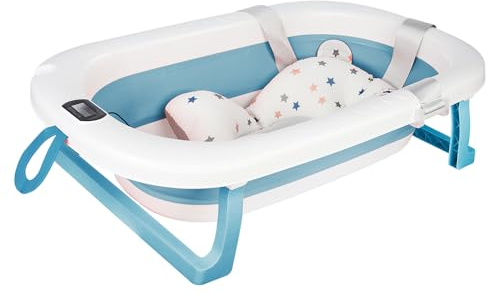 Belfoyer Baby Badewanne Faltbar mit Thermometer & Rutschfestem Badekissen – Tragbare Babybadewanne Ergonomisch, Platzsparend & Sicher – Für Neugeborene bis 3 Jahre, Baby Bathtub Blau