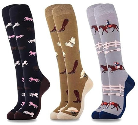 Horse Riding Socks, Horse Gifts for Girls, 3 Long Socks (Black, Coffee, Grey), Equestrian Gifts, Retro Colour Block Design for Equestrian Events or Casual Wear