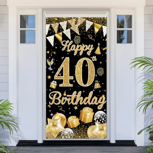 PartyYaa Pancarta de 40 cumpleaños, decoración para puerta de 40 cumpleaños, decoración de pancarta de feliz cumpleaños negro y dorado, cubierta de puerta, fotomatón cartel cartel póster decoración de
