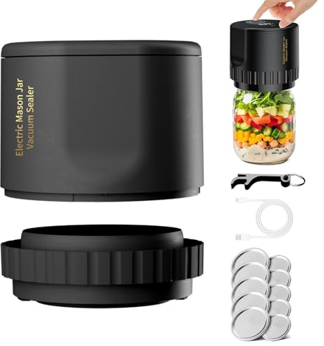 Máquina Selladora al Vacío Eléctrica para Tarros Mason, Apto para Frascos de Apertura Normal y Ancha, con 10 Tapas Reutilizables y Abridor de Botellas, para Conservación de Alimentos Frescos