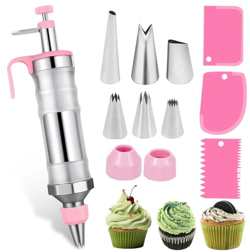 Tårtspruta, garneringsspruta rostfritt stål, kakspruta med 6 munstycken, professionell gräddespruta, bakningsspruta, återanvändbar bakspruta, baktillbehör för tårtor, munkar, cupcakes, bakverk (rosa)
