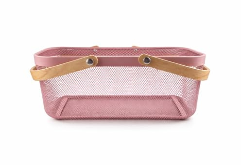 vienberg | Metall Aufbewahrungskorb Rosa mit Holzgriff – Dekorativer Drahtkorb mit Tragegriffen – Ordnungsbox für Küche, Bad, Wohnzimmer & Kinderzimmer (Pastell-Pink)