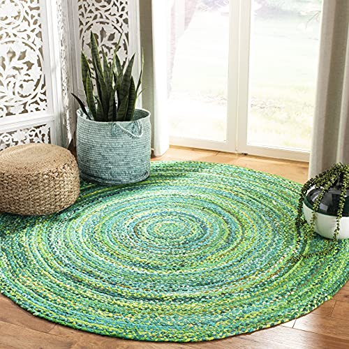 SAFAVIEH Braided Collection 3' Round Green BRD452Y Handmade Country Cottage Reversible Cotton Area Rug